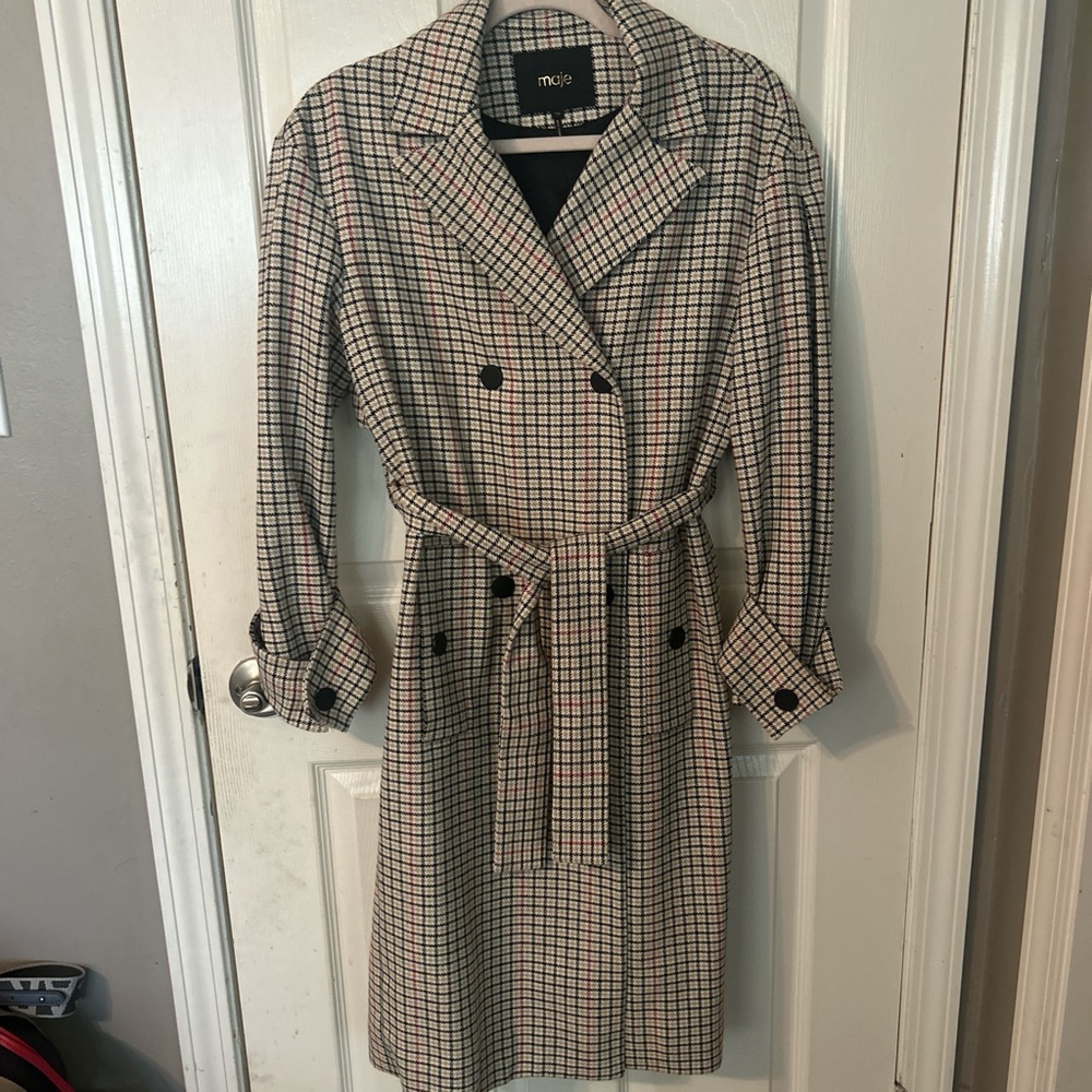 Maje Women's Checkered Belted Coat - Black and Cream